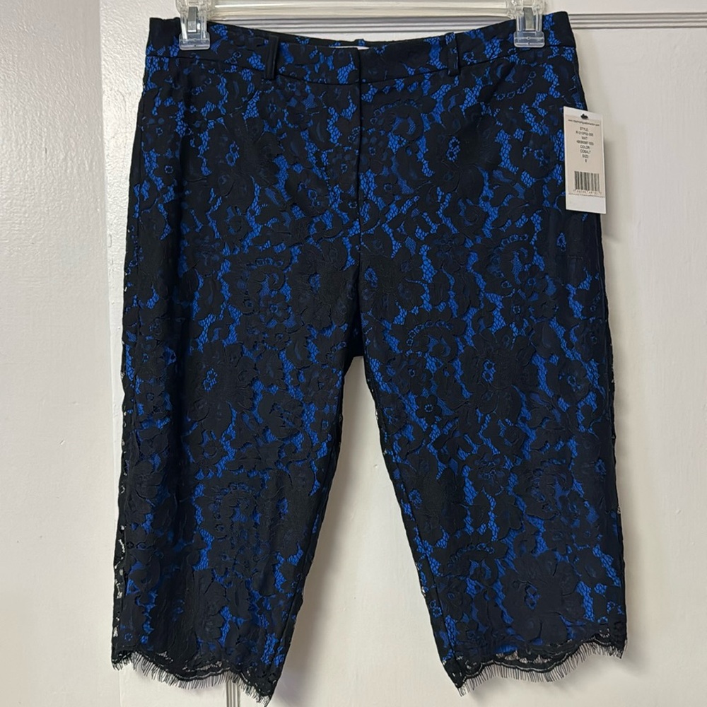 Robert Rodriquez Black Eyelash Lace Cobalt Blue High Waist Cropped Capri 8 NEW